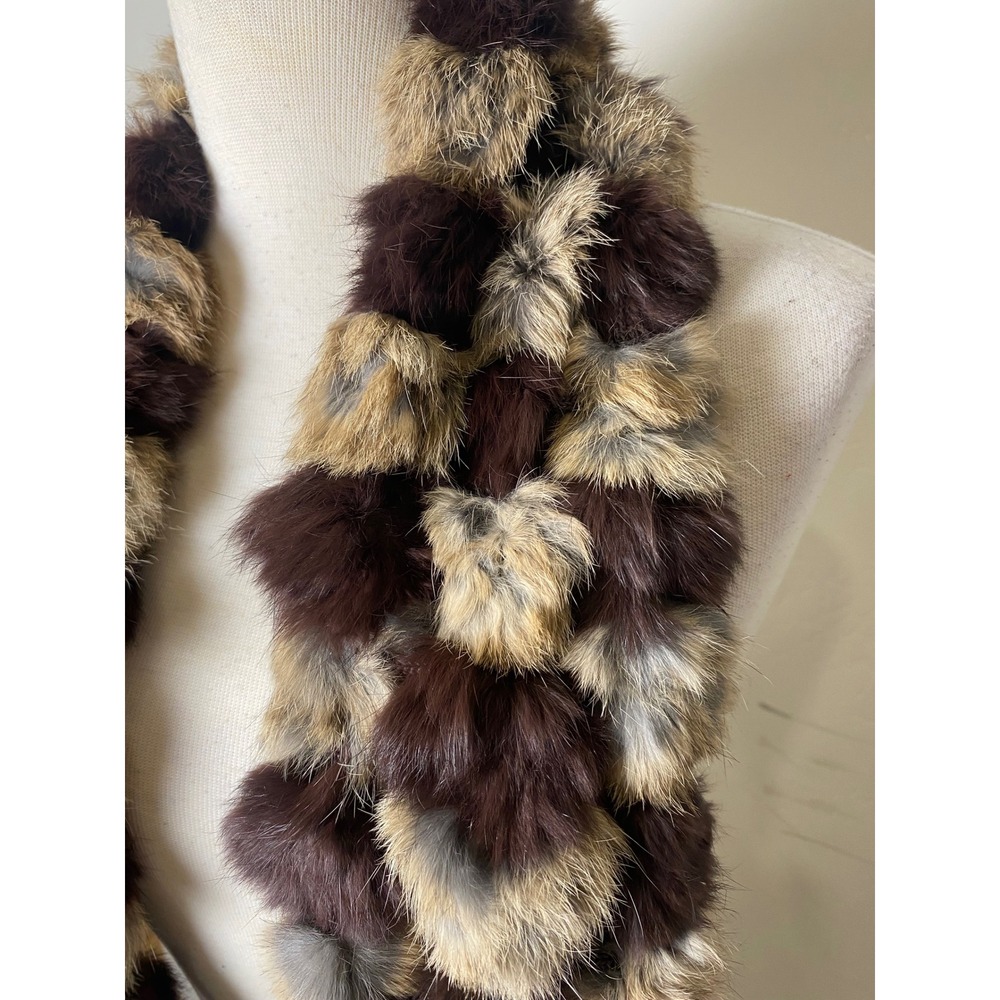 Cejon Vintage 90s Y2K Genuine Rabbit Fur Pom Pom Scarf Brown Tan Knit Luxury